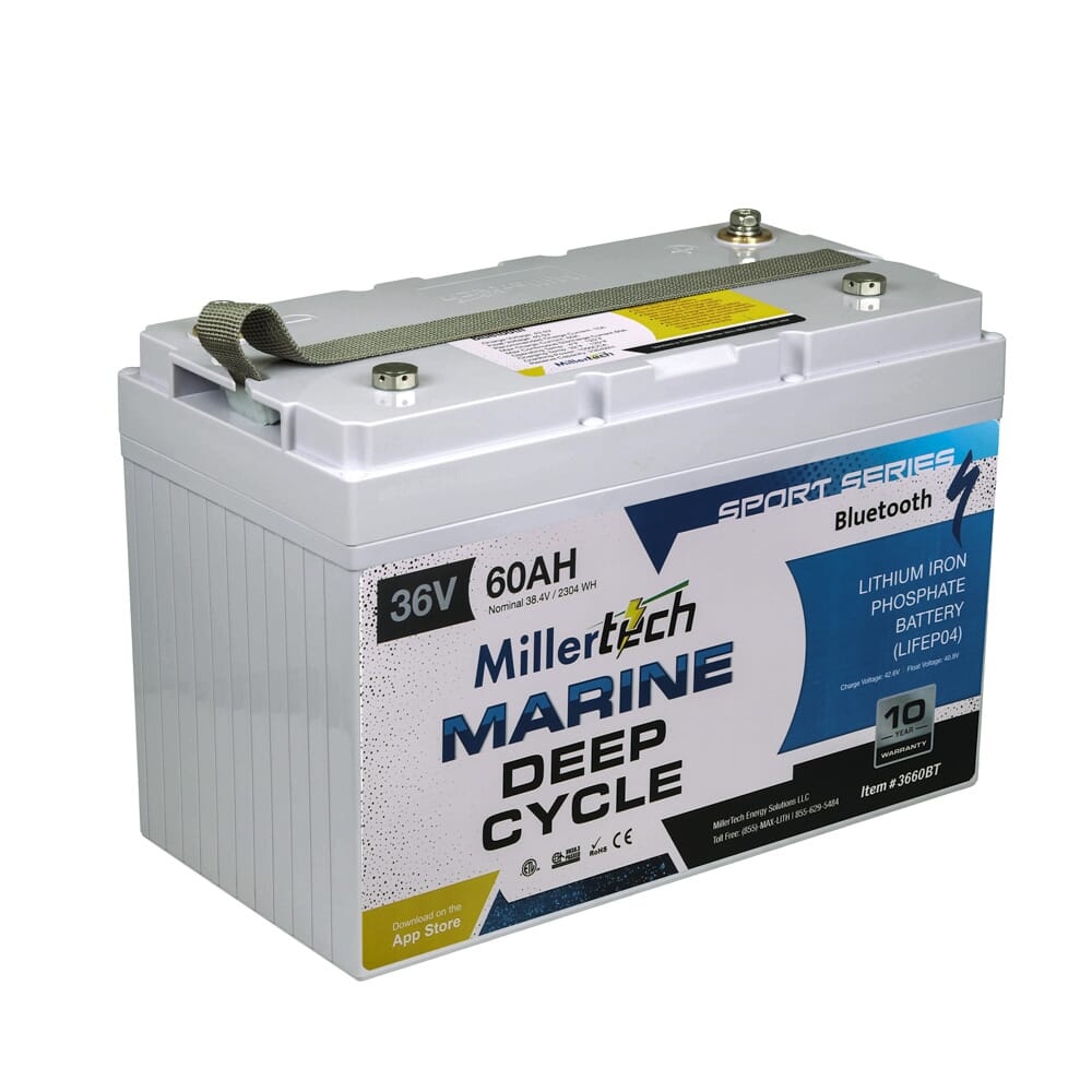 Millertech marine deep cycle 36v 60ah sport series bluetooth battery 3660BT front right
