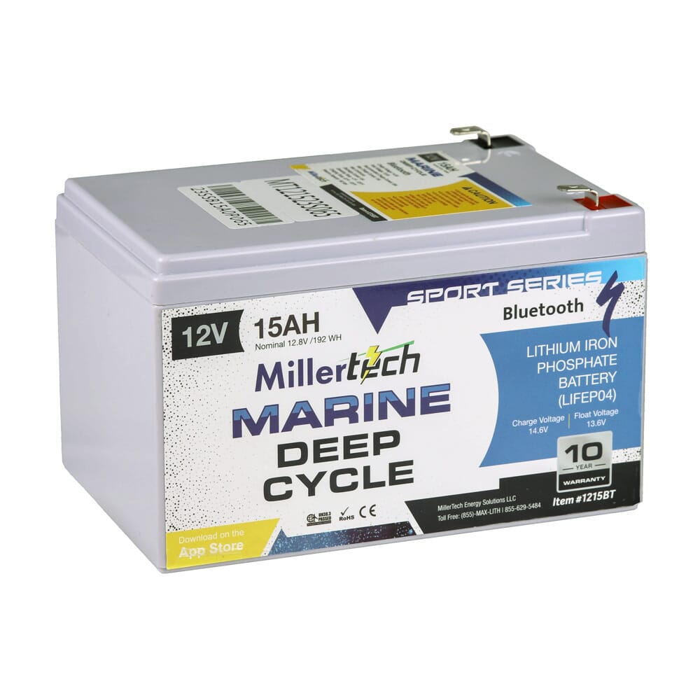 Millertech marine deep cycle 12v 15ah sport series bluetooth battery 1215BT front right
