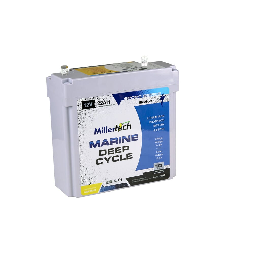 Millertech marine deep cycle 12v 22ah sport series bluetooth battery 1222BT front right