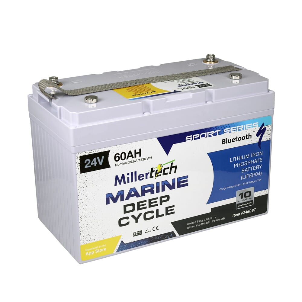 Millertech marine deep cycle 24v 60ah sport series bluetooth battery 2460BT front right