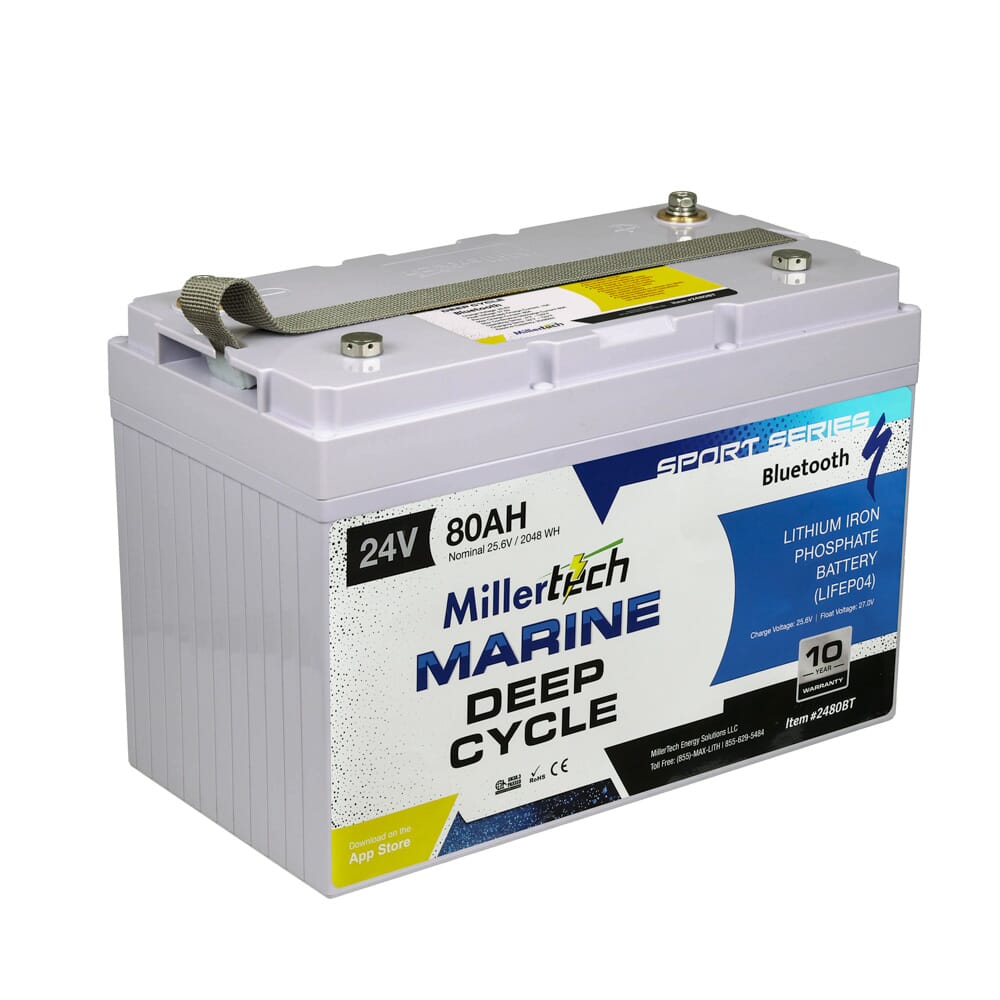 Millertech marine deep cycle 24v 80ah sport series bluetooth battery 2480BT front right