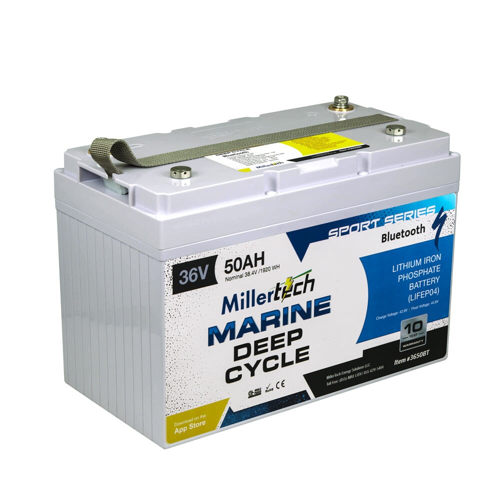 Millertech marine deep cycle 36v 50ah sport series bluetooth battery 3650BT front right