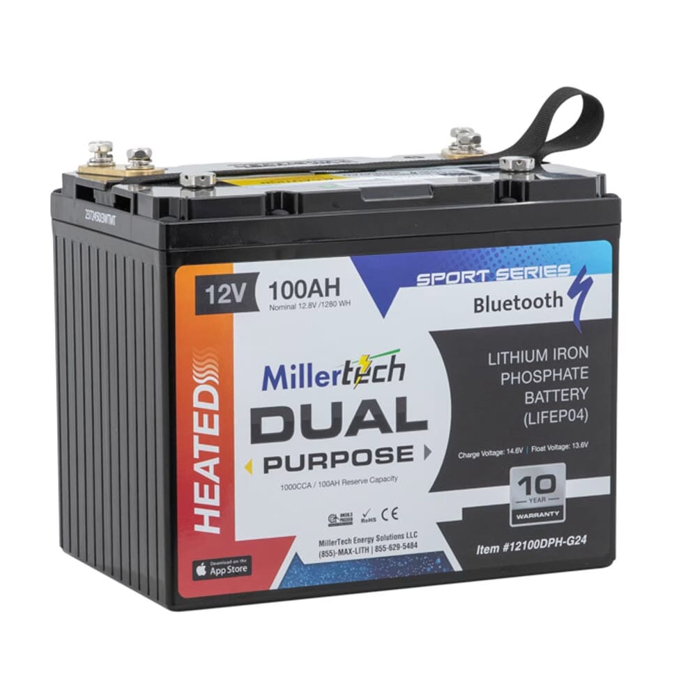 Millertech Dual Purpose 12V 100AH Sports Series BT battery 12100DPH-G24 Front right